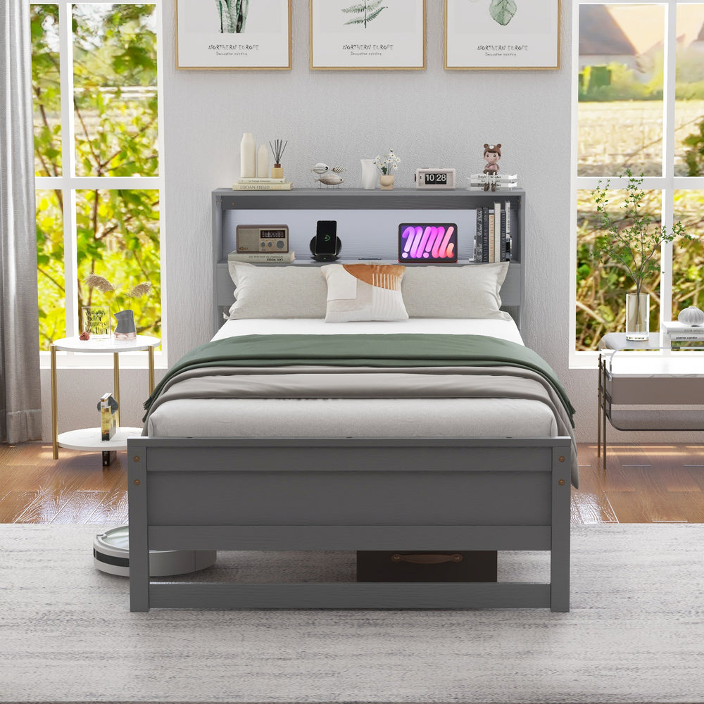 Twin size bed frame in gray with storage headboard, USB charging station, and modern design for stylish bedrooms.
