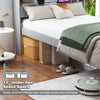 Twin size bed frame with 12" under-bed space, gray wood finish, and storage headboard with USB charging station.