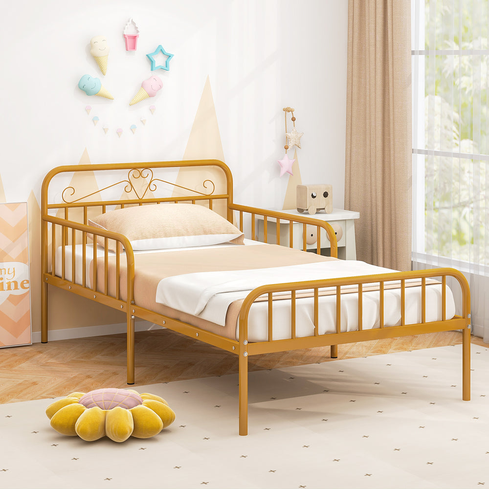 Twin Size Bed Frame with Headboard and Safety Side Guardrails-Gold - Gallery View 1 of 11