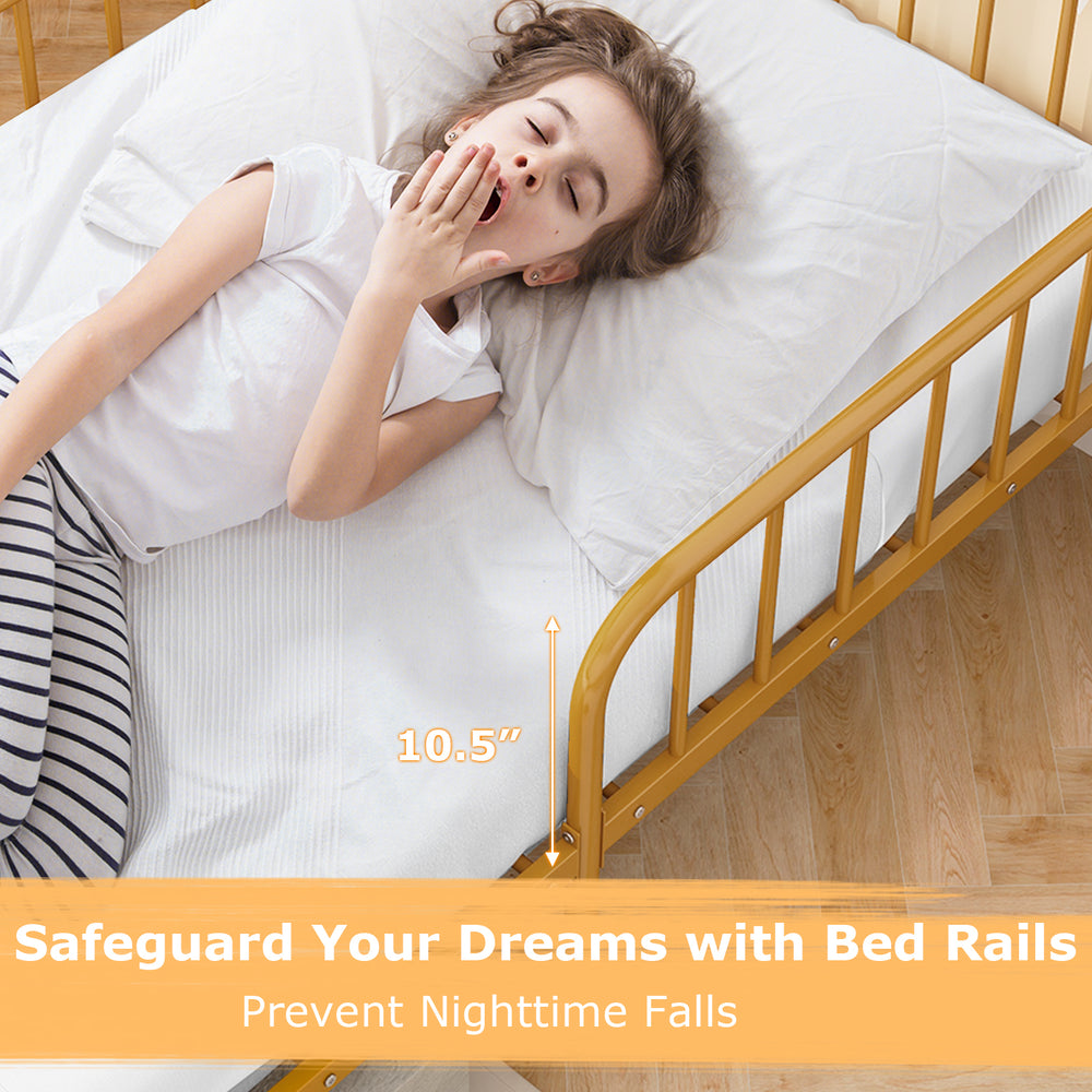Twin size bed frame in gold with safety side guardrails, featuring slatted platform and under-bed storage for organized.