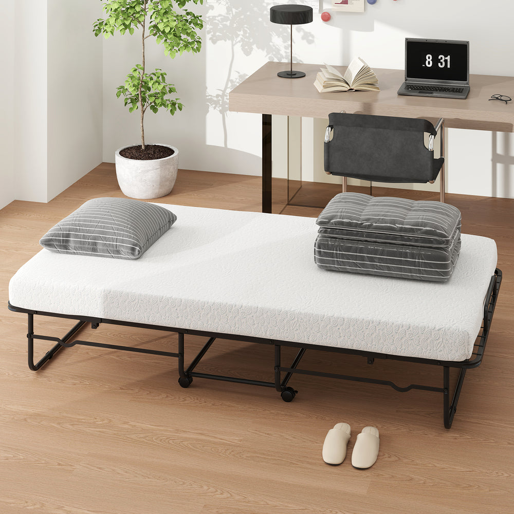 Twin size folding bed with memory foam mattress, heavy-duty metal frame, and stylish bamboo texture for versatile use.