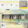 Twin size house bed in gray with 3 open compartments and 2 storage drawers for organized kids' rooms.