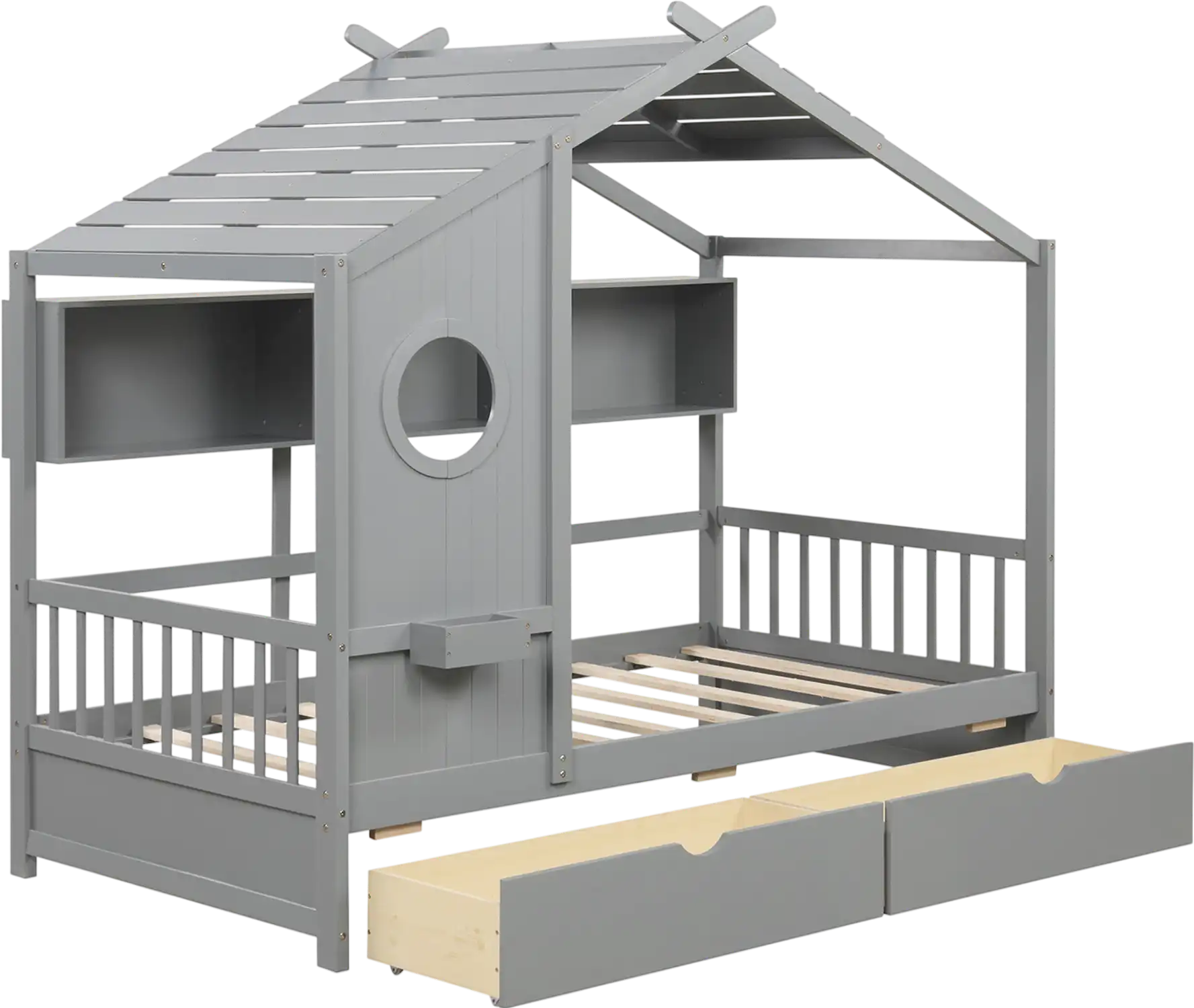 Costway Twin House Bed Frame w/ 2 Storage Drawers & Fence Guardrails 527648913 New