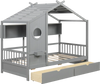 Twin size house bed in gray with fence guardrails and two storage drawers for organized bedroom fun.