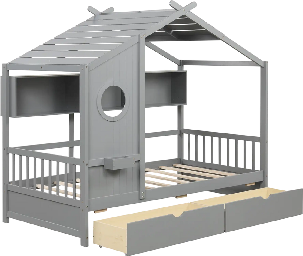 Twin size house bed in gray with fence guardrails and two storage drawers for organized bedroom fun.