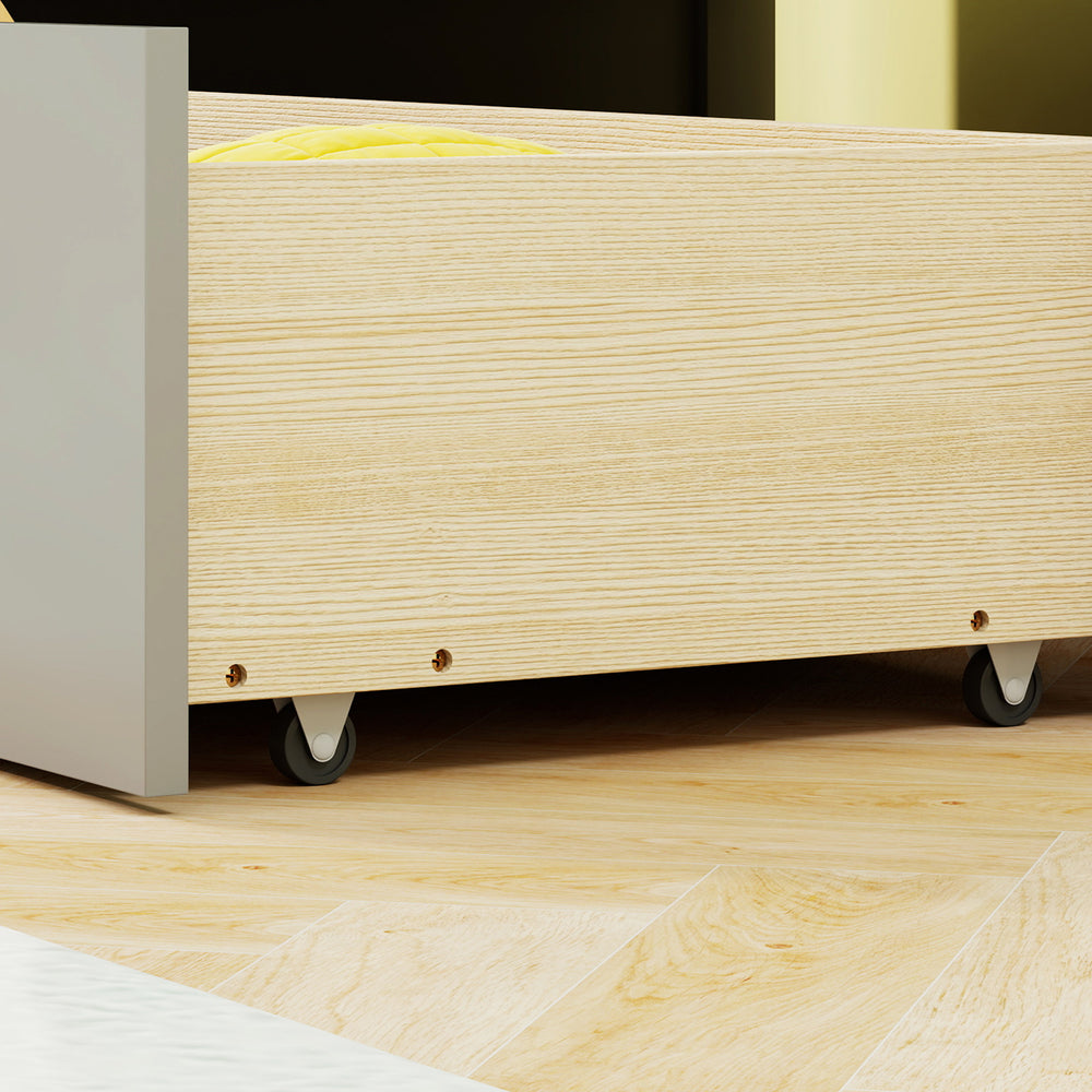 Twin size house bed with gray finish, featuring smooth rolling casters and storage drawers for easy organization.