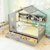 Twin Size House Bed with 2 Storage Drawers and Fence Guardrails-Gray - Gallery View 1 of 11