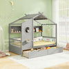 Twin size house bed in gray with fence guardrails and two storage drawers, perfect for imaginative themed bedrooms.