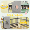 Twin size house bed in gray with fence guardrails, interactive window, and two storage drawers for organized play.