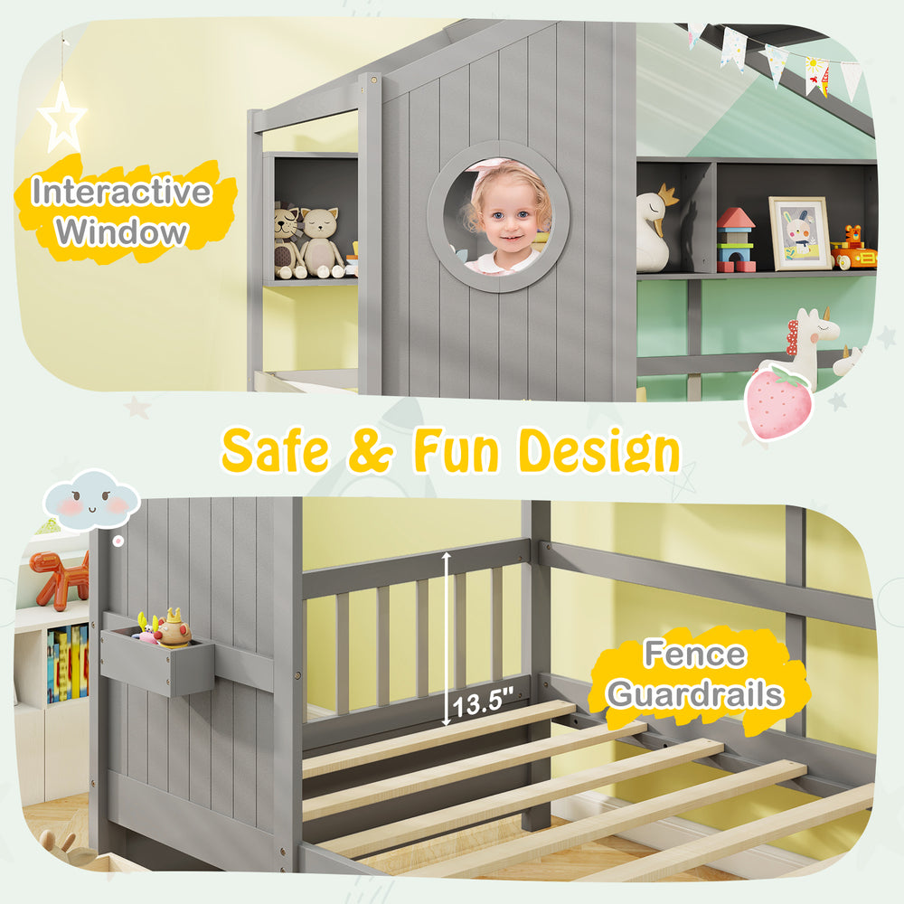 Twin size house bed in gray with fence guardrails, interactive window, and two storage drawers for organized play.
