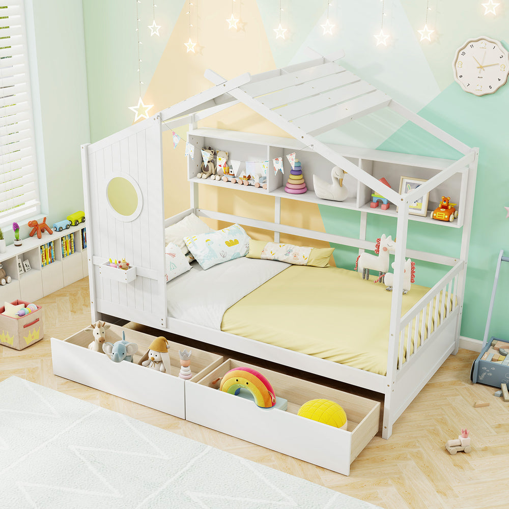 Twin Size House Bed with 2 Storage Drawers and Fence Guardrails-White - Gallery View 1 of 11