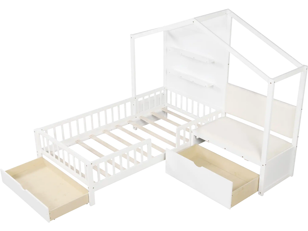 Twin size house bed with padded bench, white wooden structure, storage drawers, and cozy reading area for kids.