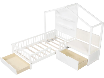Costway Twin House Kids Platform Bed with Padded Bench 658731429 New
