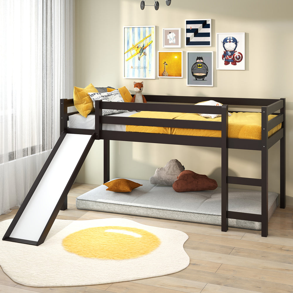 Twin size low sturdy loft bed in dark brown with slide, featuring guardrails and ample space for play or storage.