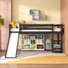 Twin size low loft bed in dark brown with slide, sturdy wood construction, and safety guardrails for children's fun.