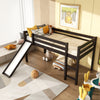 Twin size low loft bed in dark brown with slide and guardrails, perfect for children's safety and playroom space.