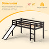 Twin size low sturdy loft bed with slide, dark brown wood, featuring guardrails and wide ladder for safety and fun.