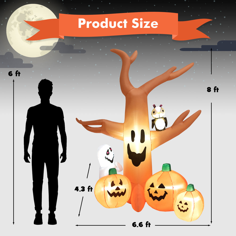 8-foot Halloween inflatable dead tree with LED lights, pumpkins, and ghosts, perfect for outdoor yard decoration.