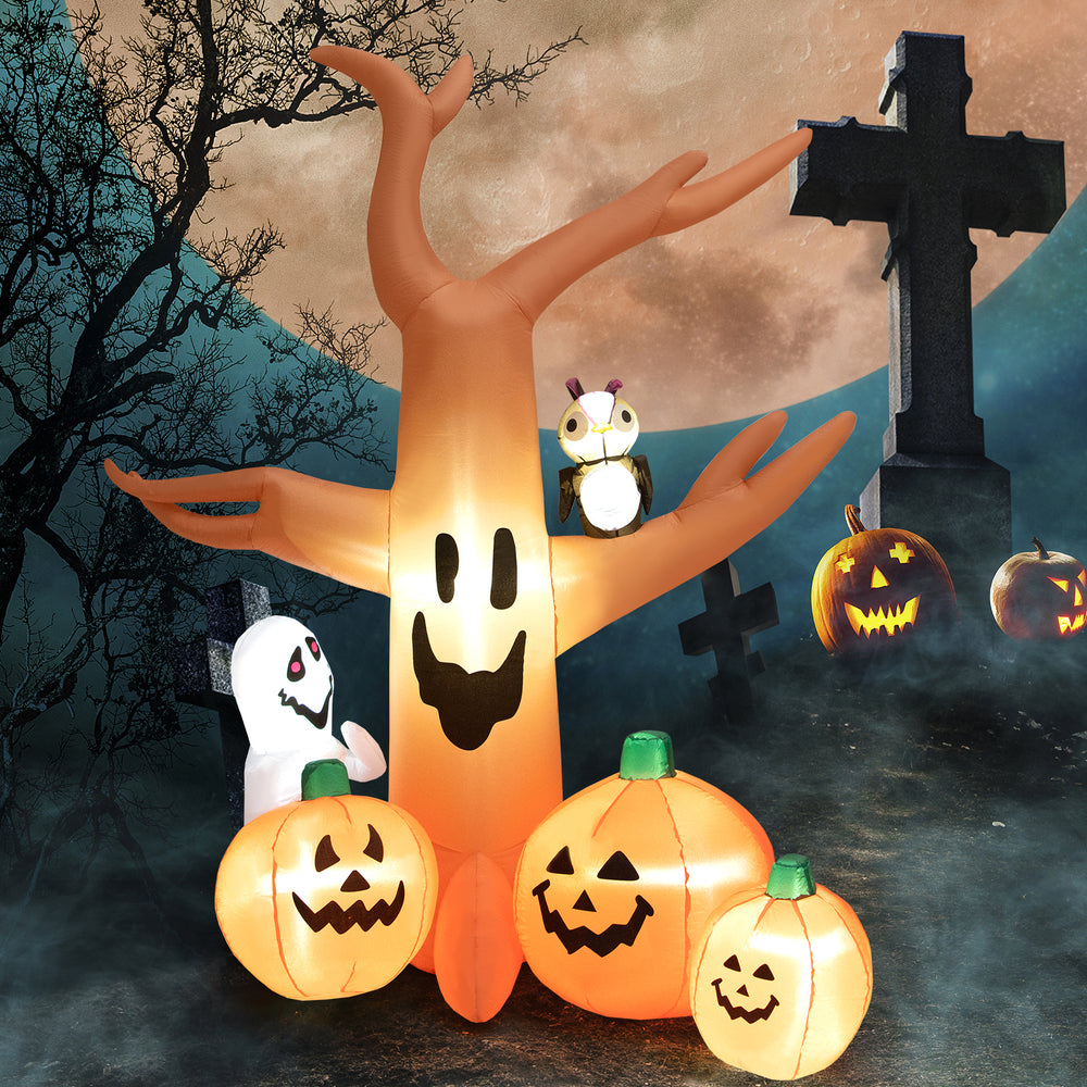 8-foot Halloween inflatable dead tree with LED lights, pumpkins, and ghost for outdoor spooky decorations.