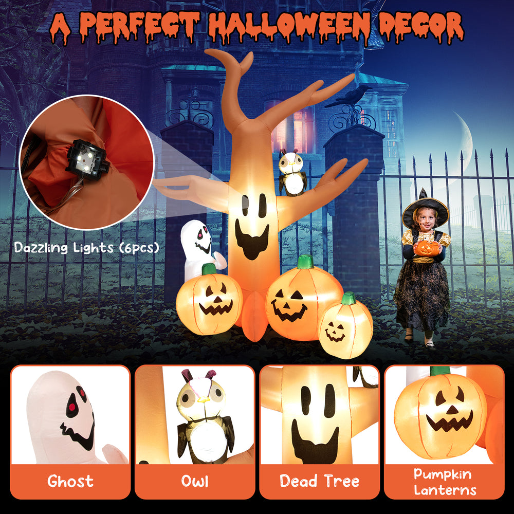 8 feet Halloween inflatable dead tree with LED lights, waterproof fabric, perfect for outdoor yard decoration.