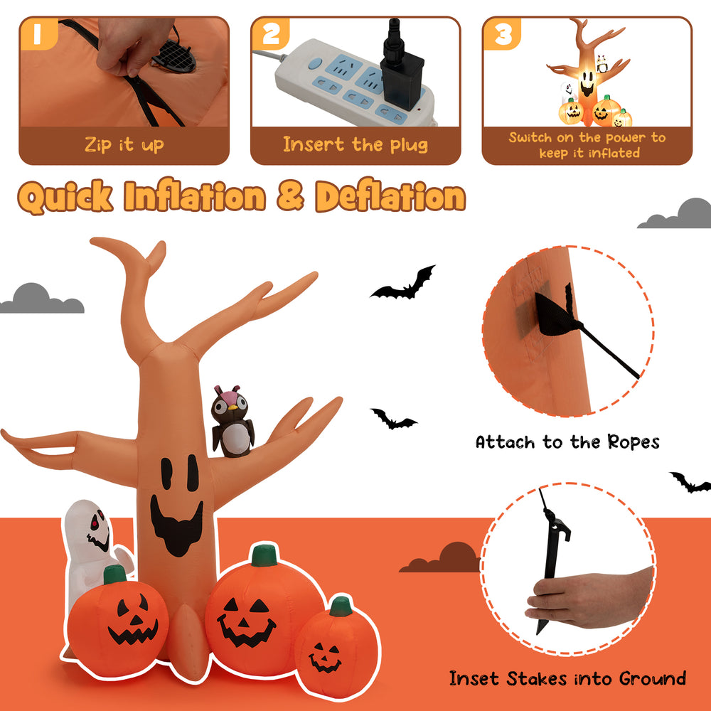 8-foot Halloween inflatable dead tree with LED lights, waterproof fabric, and included stakes for outdoor stability.