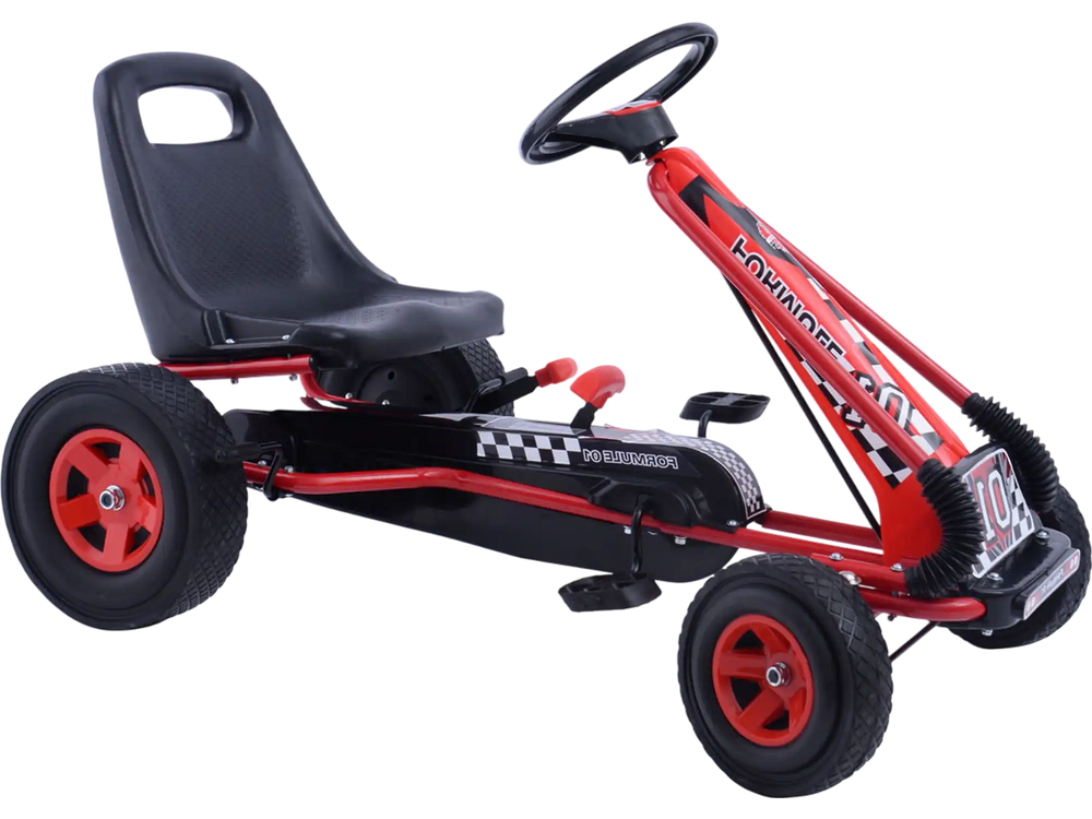 Kids pedal-powered go-kart in red with ergonomic seat, four rubber wheels, and automatic balancing system for outdoor.