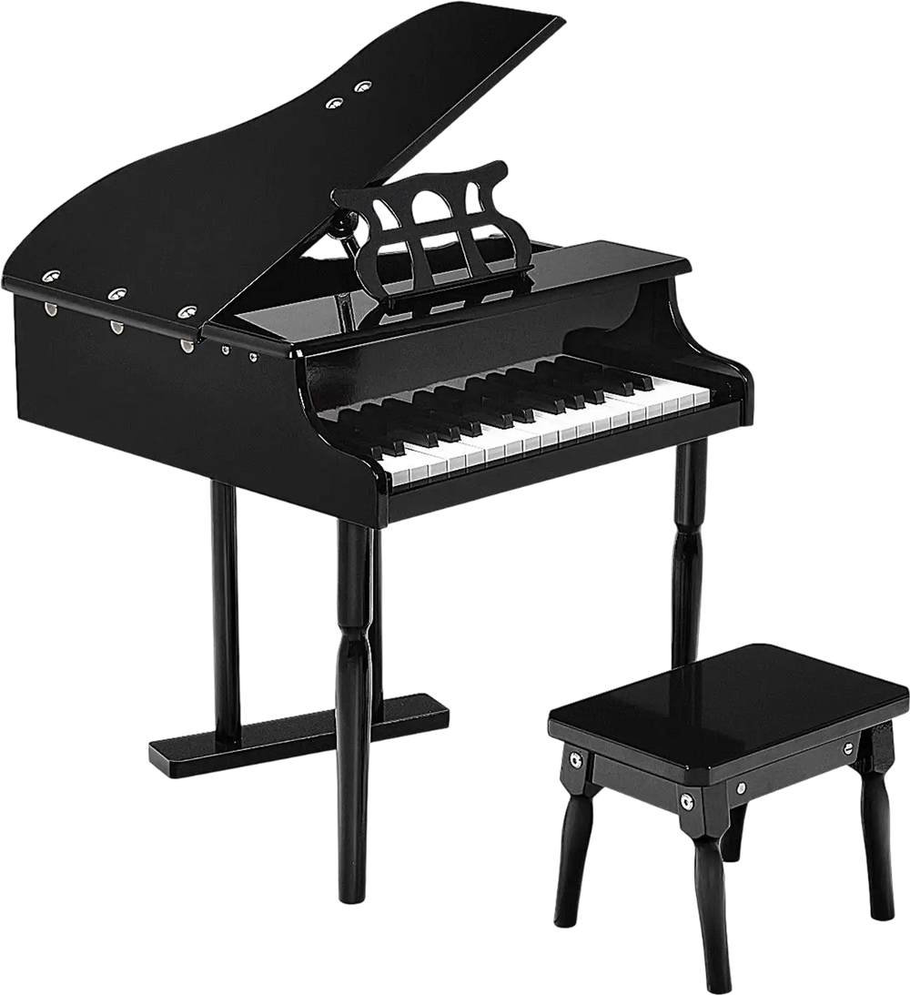 Mini grand piano toy in black with 30 keys and matching bench, ideal for children aged 1 to 7.