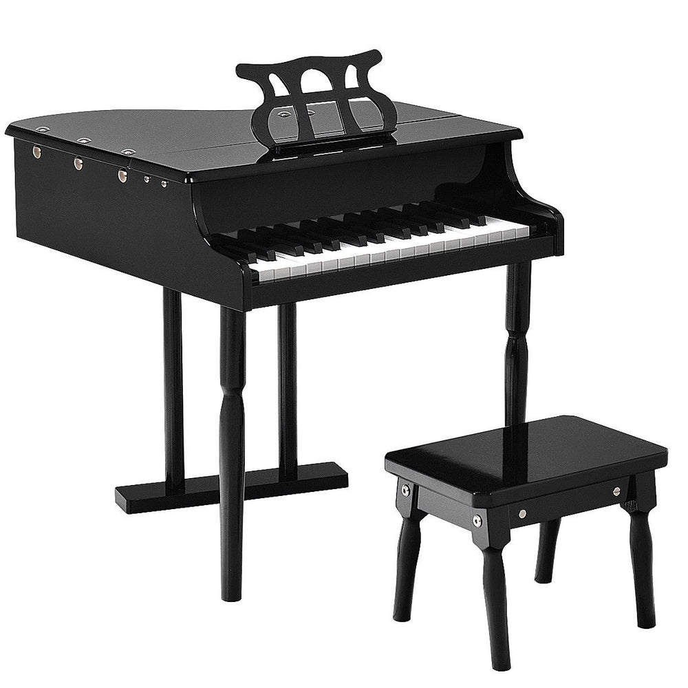 Black wooden mini grand piano toy with 30 keys and matching bench, perfect for young musicians aged 1 to 7.