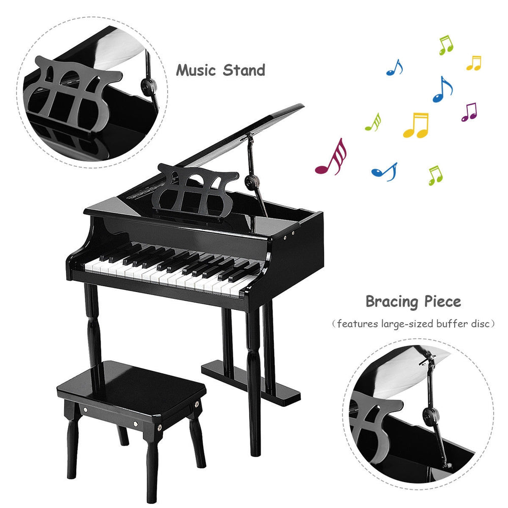 Mini grand piano in black with 30 keys, matching bench, and music stand, ideal for children aged 1 to 7.