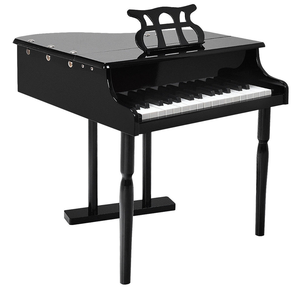 Mini grand piano in black with 30 keys, matching bench, and music score holder, ideal for children aged 1 to 7.