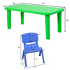 Colorful plastic table and blue chair set with rounded corners, perfect for kids' playroom or outdoor activities.