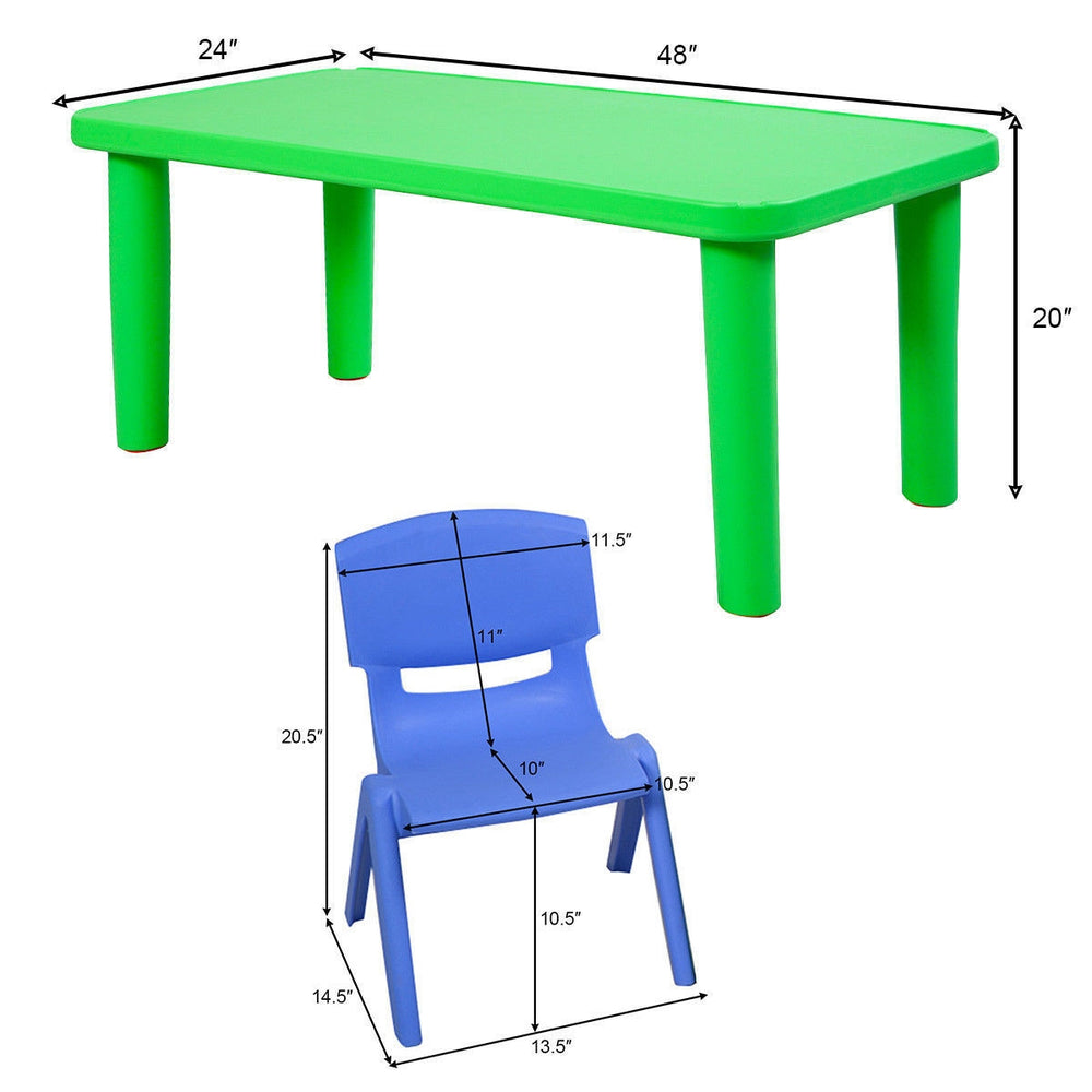 Colorful plastic table and blue chair set with rounded corners, perfect for kids' playroom or outdoor activities.