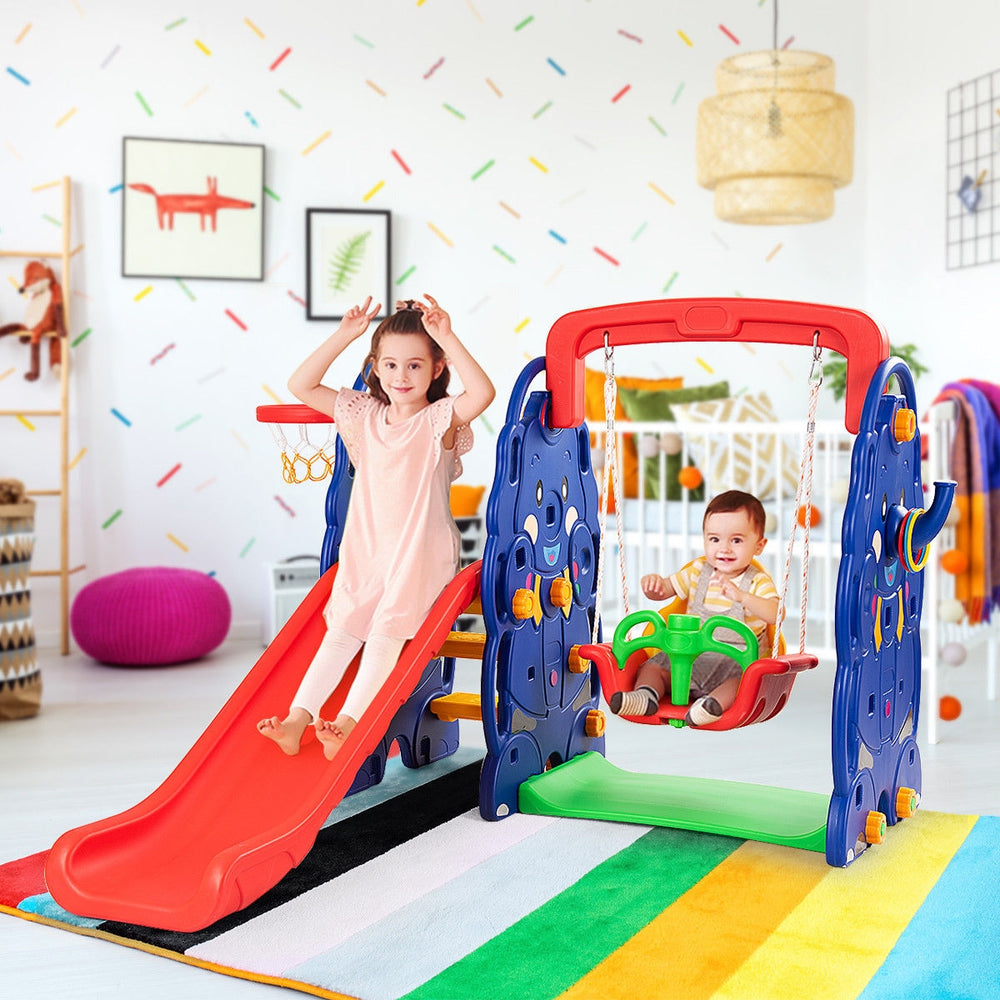 Colorful 3-in-1 climber with slide, swing, and basketball hoop for toddlers, perfect for outdoor play and fun.
