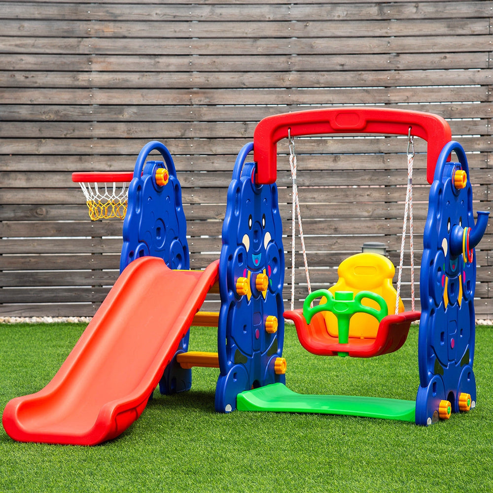 Detail view of the basketball hoop on the 3-in-1 toddler climber, perfect for outdoor play and developing tossing.