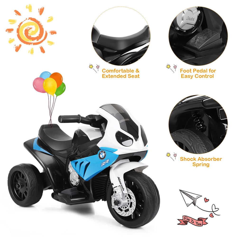 Kids 3-wheel BMW licensed electric motorcycle in blue with foot pedal control, working headlights, and durable design.