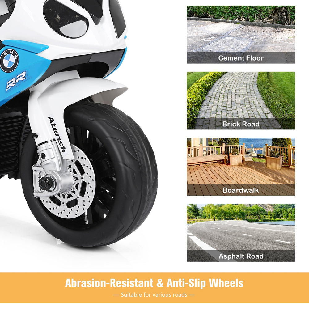 Close-up of the 6V Kids 3 Wheels BMW Licensed Electric Motorcycle in blue, showcasing abrasion-resistant wheels for.