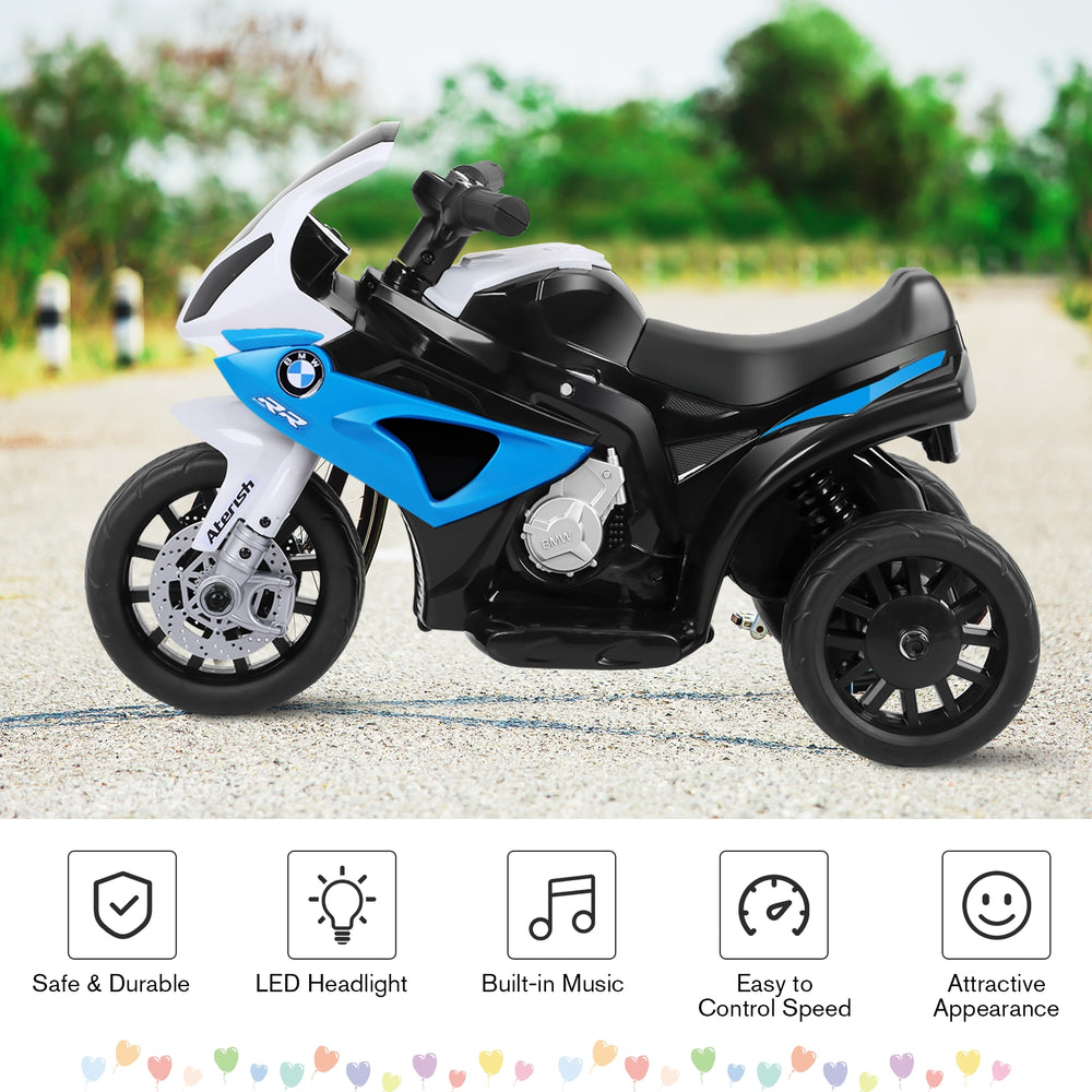 Kids 3 wheels BMW licensed electric motorcycle in blue, featuring LED headlights and built-in music for safe riding fun.