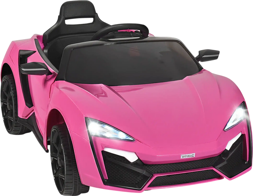 Pink 12V electric vehicle with remote control, LED lights, and spring suspension for smooth driving fun.