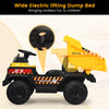 Electric kids ride-on dump truck in yellow with lifting dump bed and remote control, perfect for outdoor fun.