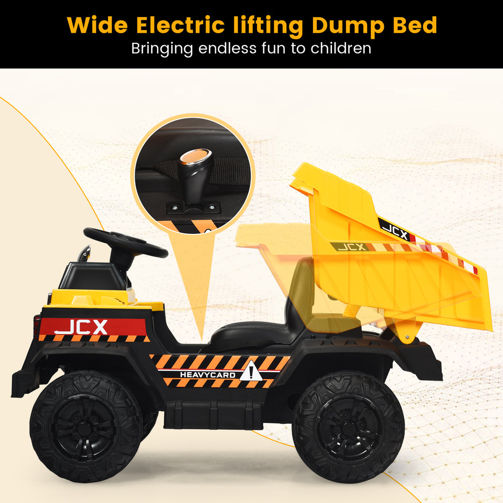 Electric kids ride-on dump truck in yellow with lifting dump bed and remote control, perfect for outdoor fun.
