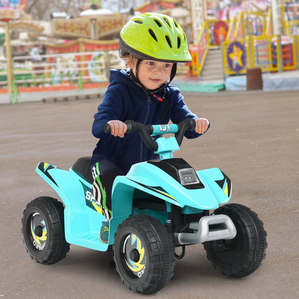 Kids electric ATV ride-on toy in blue, featuring wear-resistant wheels and a comfortable seat for outdoor fun.