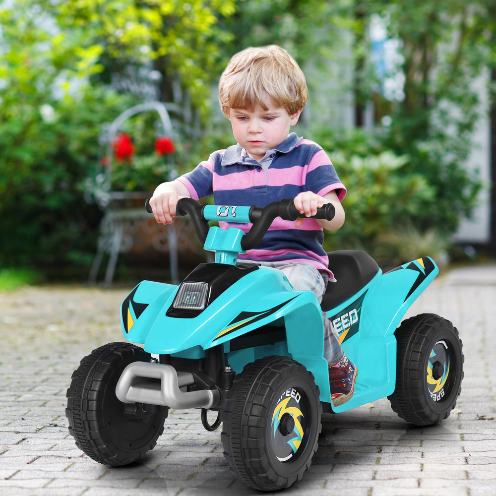 Kids electric ATV ride-on toy in blue, featuring a comfortable seat and wear-resistant wheels for outdoor fun.
