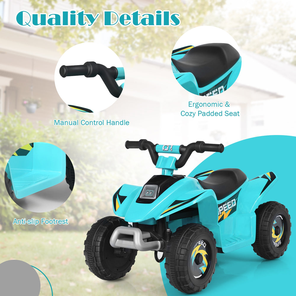 Blue 6V kids electric ATV with ergonomic seat, manual control handle, and anti-slip footrest for safe indoor and.