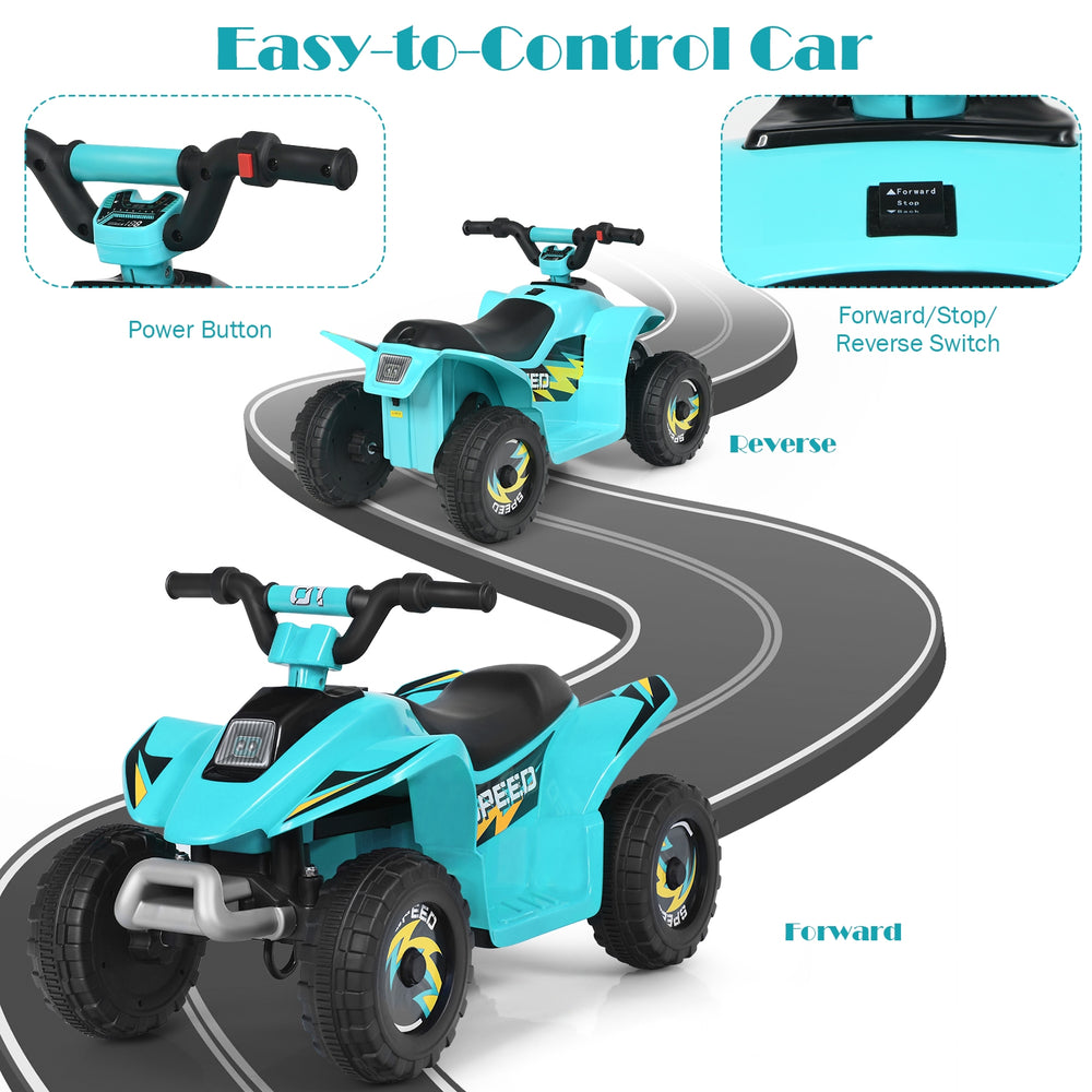 Kids electric ATV in blue with forward/reverse switch and comfortable seat, perfect for indoor and outdoor fun.