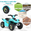 Kids electric ATV ride-on toy in blue with durable, anti-slip wheels for various terrains like wood and cement.
