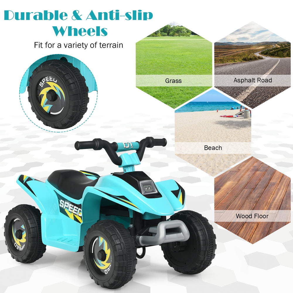 Kids electric ATV ride-on toy in blue with durable, anti-slip wheels for various terrains like wood and cement.