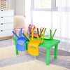 Colorful plastic table with four stackable chairs, perfect for kids' playroom or bedroom activities.