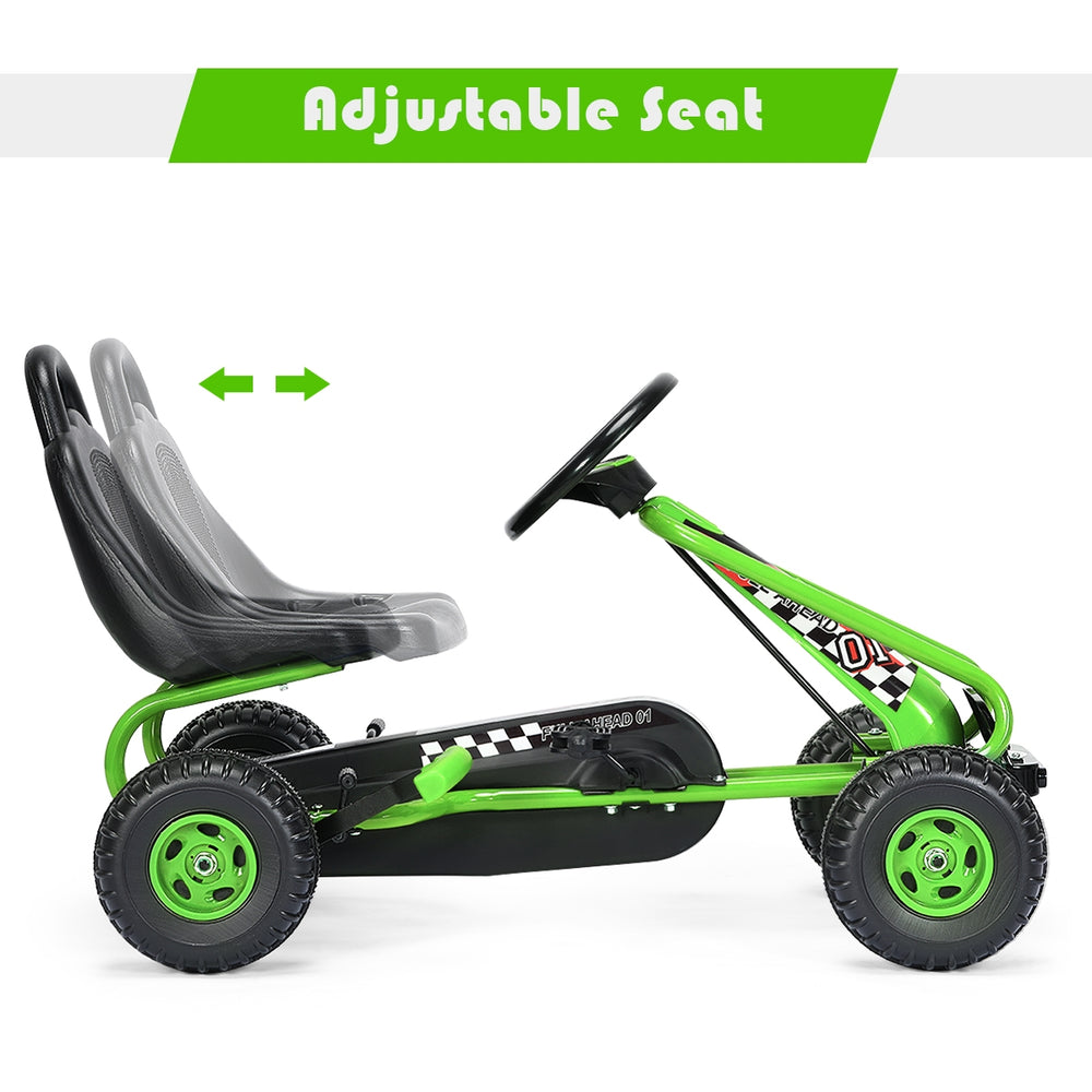 Green 4 wheel pedal powered ride-on with adjustable seat for kids, featuring non-slip wheels and a durable frame.