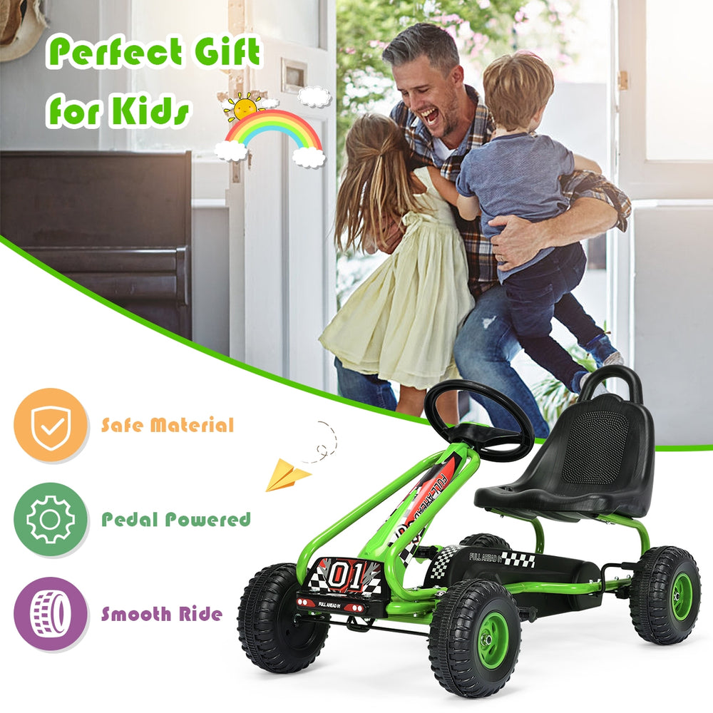 Green 4 wheel pedal powered ride-on for kids aged 3-6 with adjustable seat and non-slip wheels for safe outdoor fun.