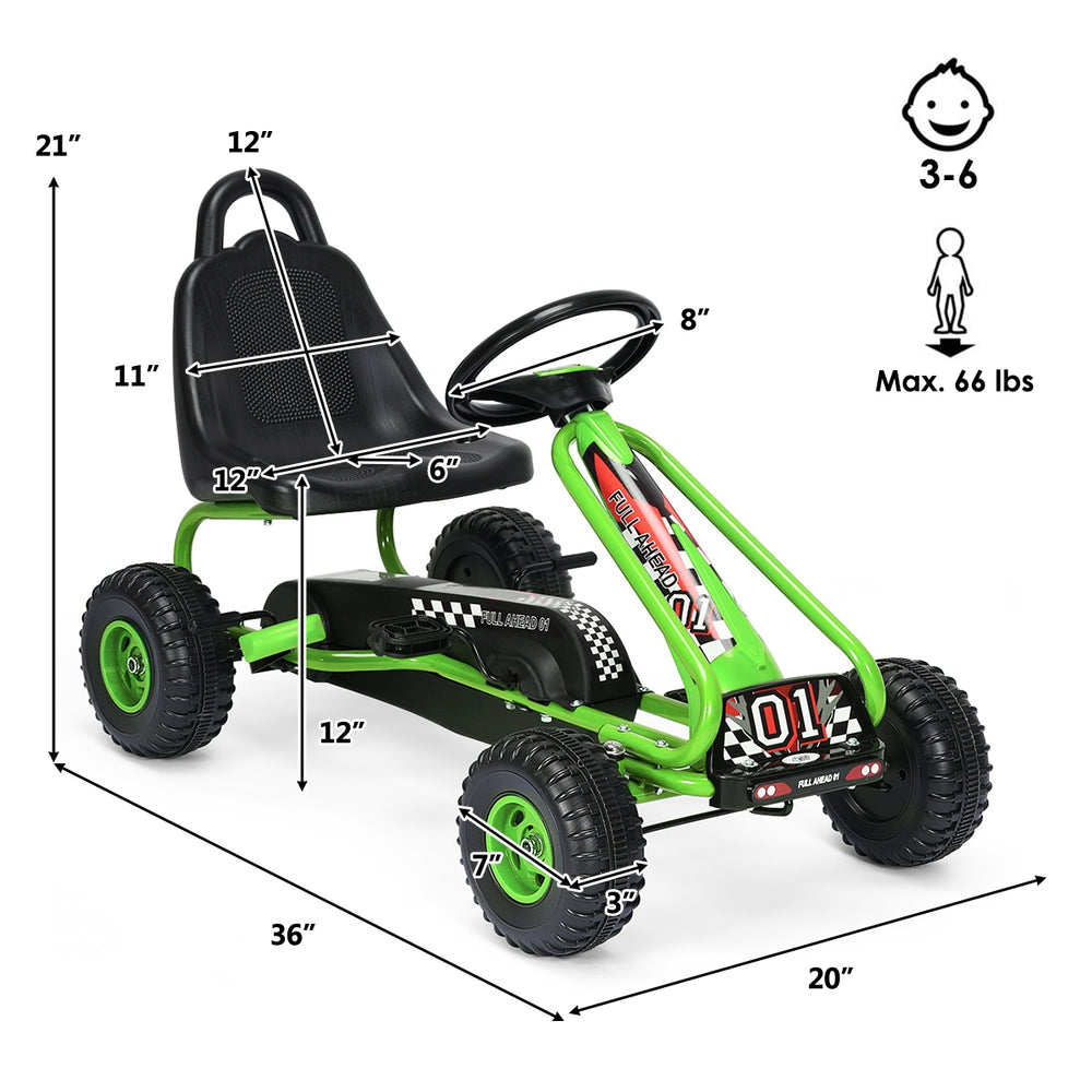 Green 4 wheel pedal powered ride-on for kids aged 3-6 with adjustable seat, non-slip wheels, and handbrake for safety.